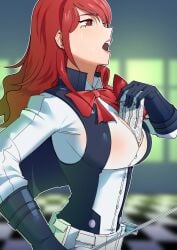 1female 1girls big_breasts black_gloves bodysuit boob_window boobs bow breasts catsuit chest_window female female_focus female_only gjh_1 gloves hourglass_figure hourglass_figured_female leather_gloves long_hair megami_tensei mitsuru_kirijo mitsuru_kirijo_(sees_battle_uniform) monster_can monster_energy monster_energy_drink object_between_breasts persona persona_3 persona_3_reload rapier red_eyes red_hair red_hair_female redhead_female sweat sweatdrop sweating tight_clothes tight_clothing