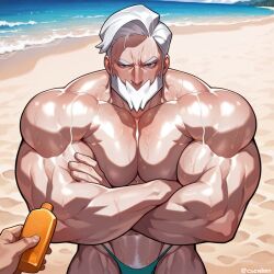abs ai_generated bara beach beach_background beard big_chest big_pecs blue_sky cboy_slut clitoris crossed_arms cuntboy cuntboy/male cuntboy_only drayden front_view gay human intersex looking_at_viewer male mature mature_male muscles muscular muscular_arms muscular_cuntboy muscular_male nintendo ocean offering offering_to_another pokemon pov pov_hands pussy sand serious serious_face serious_look string_bikini strong_arms sun sunlight sunscreen thong thong_bikini white_beard white_eyebrows white_hair white_skin yaoi