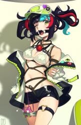 absurdres arms_behind_back ball_gag black_hair bondage bound breasts cad_(caddo) commentary_request crotch_rope drooling egg_vibrator fate/grand_order fate_(series) female gag gag_around_neck gagged highres jacket looking_at_viewer medium_breasts multicolored_hair navel one_eye_closed open_mouth pussy_juice red_hair ring_gag sei_shounagon_(fate) sex_toy shibari_over_clothes shorts skindentation solo standing stomach streaked_hair teeth thigh_strap twintails underboob unworn_gag vibrator