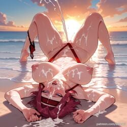 ai_generated balecxi barefoot beach blue_eyes breasts breasts_apart bukkake code_geass cum_on_body cum_on_breasts facial feet female kallen_stadtfeld kouzuki_kallen large_breasts lying nipples ocean open_mouth outdoors patreon_username red_hair red_headband short_hair slingshot_swimsuit solo sunset swimsuit tongue tongue_out upside-down water