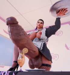 1futa 3d areolae big_balls big_breasts big_penis black_hair breasts breasts_out bright_pupils cocktail earrings exposed_breasts fishnet_legwear fishnets futa_only futanari giant_penis high_heels intersex looking_at_viewer low_angle maid manufatura nipples penis reyna_(valorant) self_upload solo tagme thick_thighs valorant veiny_penis