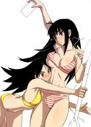 2010s 2012 2girls asian bikini black_hair blank_background blush blush_lines breasts cup dark_eyes ez6 female female_only high_resolution highres kitsu_chiri kitsu_tane light-skinned_female long_hair messy_hair non-web_source pussy_bulge sayonara_zetsubou_sensei shovel sisters sisters_(lore) source_request swimsuit white_background