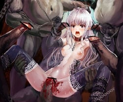 alber blood breasts censored chains elf female forced helpless interspecies long_hair monster multiple_boys nipples penis pointy_ears rape restrained scared screaming sex shocked silver_hair stomach_bulge sweat tears thighhighs vaginal_penetration virgin