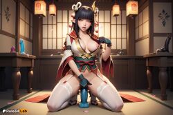 1girls ai_generated aqua_dildo black_gloves black_hair blunt_bangs breasts capcom dildo dildo_riding eyeshadow female female_masturbation female_only fewer_digits garter_straps gloves hair_ornament hi_res hime_cut indoors japanese_clothes kimono kneeling large_breasts lips long_hair looking_at_viewer makeup masturbation medium_breasts minoto monster_hunter nipple_slip nipples no_bra no_panties obi object_insertion open_clothes petals pointy_ears riding_dildo rule34lab sash solo table thighhighs white_thighhighs wide_sleeves wyverian yellow_eyes