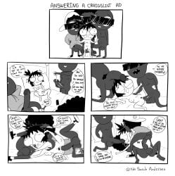 1girls 3boys 4_panel_comic afro bed big_balls big_penis black_male blargsnarf blowjob bottomless breasts cap censored_eyes clothing comic cum cum_in_mouth cum_in_pussy cum_inside cum_on_body cum_on_face dark-skinned_male dialogue double_penetration double_vaginal double_vaginal_penetration dubious_consent gangbang hat interracial light-skinned_female naked pubic_hair questionable_consent racial_slur recording running_a_train sarah_andersen slur speech_bubble tagme trio vaginal_penetration white_female