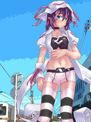 blush bodypaint breasts choker exhibitionism facial_mark female flat_chest green_eyes highres merry_nightmare navel nipples nude painted_clothes pointy_ears public purple_hair pussy pussy_juice raplus sky solo striped striped_legwear sweat thighhighs train wet yumekui_merry