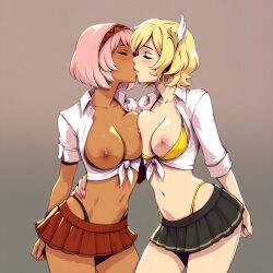 2girls ai_generated asymmetrical_docking bikini bikini_under_clothes black_bikini black_bra black_panties black_skirt blonde_hair blush breast_press breasts breasts_out brown_background citrinne_(fire_emblem) closed_eyes collarbone collared_shirt cowboy_shot dark-skinned_female dark_skin earrings feather_hair_ornament feathers female fire_emblem french_kiss front-tie_top gradient_background grey_background gyaru hair_ornament hairband highleg highleg_bikini highleg_panties hoop_earrings interracial jewelry kissing kogal lapis_(fire_emblem) large_breasts microskirt midriff miniskirt multiple_females multiple_girls nail_polish navel nipple-to-nipple nipples o-ring open_shirt panties panty_straps pink_hair pink_lips pink_nails pleated_skirt red_skirt shirt short_hair short_sleeves simple_background skirt stomach swimsuit tied_shirt underwear white_shirt wing_hair_ornament yellow_bikini yuri
