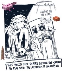 axolotl black_and_white breasts cave closed_eyes comic dialogue english_text fan_art fanart female funny helmet humor long_ears long_hair looking_at_viewer male marine minecraft multiple_females nipples nonbinary nsf_pelko nude nudity oc original_character plum(nsf_pelko) sketch skull slender sole_male speech_bubble unique_eyes videogame