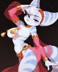 ai_generated anthro areola armwear breasts clothing dancing female fur hair hi_res lombax mammal nipples ratchet_and_clank rivet_(ratchet_and_clank) simple_background smile smiling_at_viewer solo