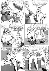 anthro anus areola balls bent_over big_breasts bovine breasts cattle cleavage comic dialog doctor_dee english_text erect_nipples erection female goat horn huge_breasts imminent_sex karno male nipples page_2 penis pussy text