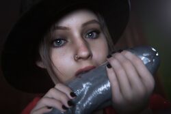 1boy 1girls 3d black_nails blue_eyes character_request claire_redfield close-up eyes face flaccid flaccid_penis hat looking_at_viewer monster monster_on_female mr_x nothzard painted_nails piercing pov resident_evil resident_evil_2 tagme
