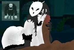 1boy 1girls ass bangs big_ass big_black_cock big_breasts big_butt big_penis bird black_eyes black_fur black_hair black_legwear black_makeup black_nails brown_skin cock cock_worship colored comically_large_penis deep_owl deepwoken eyelashes humanoid large_penis looking_at_penis lying_on_back mask monster_girl on_knees reference_image roblox roblox_background roblox_game sbnsay self_upload straight thighs veiny_penis white_skin