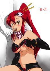 bikini_lift bikini_top breasts brown_eyes fellatio female fingerless_gloves gloves hair_ornament human male melon_sakiguchi nipples oral ponytail pubic_hair red_hair shorts skull straight tengen_toppa_gurren_lagann tied_hair unzipped yoko_littner