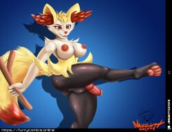 4_toes 5_finngers absurd_res animal_genitalia animal_penis anthro anus artist_logo artist_name black_legs black_nails blonde_hair blue_background braixen breasts canine_genitalia canine_penis colored_nails dipstick_tail drop_shadow eyelashes feet futanari generation_6_pokemon genitals hair hi_res holding_object holding_stick inner_ear_fluff intersex june_(ballad) logo markings nails nintendo one_leg_up pawpads penis pink_pawpads pokemon pokemon_(species) presenting presenting_penis raised_leg red_eyes red_inner_ear_fluff red_nose red_penis red_tail simple_background smartwhitefang smile smiling_at_viewer smirk smirking_at_viewer solo stick tail tail_markings text toes tuft url white_arms white_breasts white_face yellow_body yellow_tail