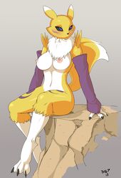 anthro breasts canine devo87 digimon elbow_gloves female fox fur furry gloves ledge renamon