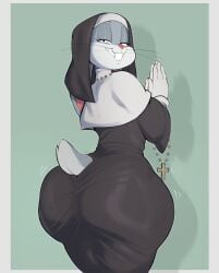 1boy 2d ass big_ass black_clothing buckteeth bugs_bunny bunny clothing crucifix doughy_ass fat_ass femboy femboy_only fully_clothed furry furry_femboy furry_only girly gloves grey_body grey_fur hood huge_ass lagomorph looking_at_viewer looking_back_at_viewer looney_tunes male male_only no_genitals no_sex nun nun_outfit praying praying_hands rabbit simple_background smile solo solo_male standing tail thick_ass thick_thighs thighs tight_clothing usnarbit