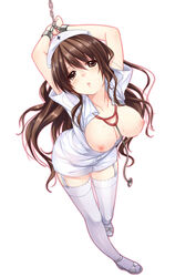 1girls :o bondage breasts brown_eyes brown_hair chained chains cuffs cum cum_on_body cum_on_upper_body female highres itou_nanami legs long_hair nipples nurse open_clothes original solo stethoscope thighhighs white_legwear