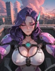1girl ai_generated blizzard_entertainment blush bodysuit breasts choker cleavage closed_eyes closed_mouth cloud collarbone covered_nipples d.mon fresk0n incoming_kiss large_breasts long_hair makeup overwatch overwatch_2 purple_hair see-through sky solo upper_body yuna_lee