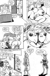 anthro areola balls big_breasts breasts comic cum cum_in_mouth cumshot dialog english_text erect_nipples erection fellatio female goat greyscale horn huge_breasts karno lagomorph male monochrome nipples nude oral oral_sex orgasm paizuri penis pussy rabbit sex text