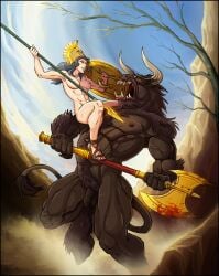 1boy 1girls abs ancient_greece athletic athletic_female axe black_hair completely_nude completely_nude_female corinthian_helmet female_warrior fight flaccid flaccid_penis helmet heroine hoplite male minotaur muscular muscular_female original original_character penis shield spear