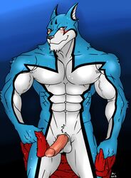 1boy 2013 abs anthro balls biceps canine cum erection fur hentist male male_only muscles nude pecs penis pose smile solo vein white_fur wolf