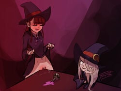 2girls akko_kagari aphrodisiac atsuko_kagari blonde_hair blunt_bangs bottle brown_hair chin_rest closed_eyes clothing crotch_rub dress dress_lift drooling female female_protagonist hair_over_one_eye hat kagari_atsuko little_witch_academia long_hair looking_at_another masturbation multiple_girls no_panties open_mouth polyle potion pussy pussy_juice saliva smile straight_hair sucy_manbavaran table witch witch_hat