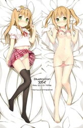 1girls alternate_hairstyle azuki_azusa barefoot black_legwear black_socks blonde_hair blush bra bra_lift breasts dakimakura dakimakura_design feet female female_only green_eyes hairband hentai_ouji_to_warawanai_neko long_hair looking_at_viewer lying nipples panties panty_pull plaid plaid_skirt pussy skirt sky_(freedom) small_breasts socks solo thigh_gap thigh_socks thighhighs tied_hair twintails uncensored underwear white_panties