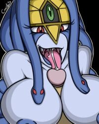 big_breasts blue_nipples breasts canastus cum cum_in_mouth cumshot deity fangs fellatio female goddess gorgon jewelry lamia long_tongue male monster monster_girl naga necklace nipples nude oral oral_sex orgasm paizuri penis red_eyes reptile scalie sex snake straight tiara tongue vennominaga_the_deity_of_poisonous_snakes yu-gi-oh!