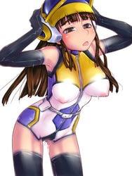 bangs blunt_bangs blush bodypaint breasts brown_eyes brown_hair earth_defense_force earth_defense_force_3_portable elbow_gloves female gloves highres large_breasts long_hair medium_breasts nipples painted_clothes pale_wing pussy pussy_juice raplus solo thighhighs white_background