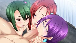 3girls blue_eyes blush butcha-u censored collaborative_fellatio earrings eroquis fellatio game_cg glasses green_hair harem inoue_aoi jewelry jutaijima kisaragi_rei looking_at_viewer multiple_girls nagoshi_yumi nude open_mouth oral penis purple_hair red_eyes red_hair short_hair side_ponytail teamwork