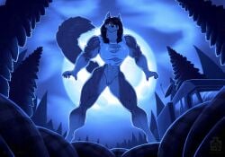 anthro bottomless canid canine canis clothed clothing cloud cloudy_sky evergreen_tree female fluffy fluffy_tail forest full_moon genitals glowing glowing_eyes green_eyes hi_res implied_growth implied_transformation juxtapex looking_at_viewer low-angle_view mammal moon motorhome muscular muscular_female mythological_canine mythological_creature mythology night pine_tree plant pussy recreational_vehicle shirt sky sleeping_bag smile smirk solo tail topwear torn_clothing torn_shirt torn_topwear transformation tree vulva werecanid werecanine werecreature werewolf wilderness wolf worm&#039;s-eye_view