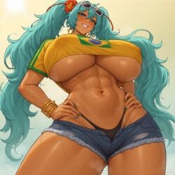1girls absurdres ai_generated alternate_breast_size_(larger) aqua_eyes aqua_hair areolae arm_up ass bead_choker beads big_areola big_ass big_breasts big_butt big_muscles big_nipples big_thighs bikini bikini_under_clothes blush bracelet brazilian brazilian_flag brazilian_flag_print brazilian_miku breasts cleavage cropped_shirt dark-skinned_female dark_skin denim denim_shorts earrings fat_ass female flag_print flower gold_earrings hair_flower hair_ornament hand_on_own_hip hatsune_miku highres huge_areolae huge_ass huge_breasts huge_butt huge_thighs jewelry large_areolae large_ass large_breasts large_butt large_thighs long_hair multiple_bracelets muscles muscular nipples off_shoulder open_mouth outdoors rectangular_earrings reyarths see-through_clothes shading_eyes short_shorts shorts sketch srimbievil58 swimsuit tan thick_thighs thighs vocaloid water wide_hips