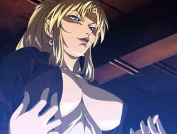 00s 1girls 2004 animated back bible_black bible_black_new_testament blonde_hair breasts chanting earrings female high_ponytail large_breasts lipstick nipples purple_eyes robe saeki_kaori shin_bible_black tagme
