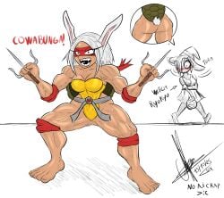 2girls ass big_ass breasts bubble_butt cosplay dark-skinned_female dark_skin dialogue fat_ass female female_only front_view huge_ass large_ass mask miruko muscular muscular_female my_hero_academia no_panties png raphael raphael_(tmnt)_(cosplay) rear_view red_eyes rumi_usagiyama sai_(weapon) shell sixpathoffriendship teenage_mutant_ninja_turtles text thick_ass thick_thighs tmnt_1987 weapon white_hair wide_hips