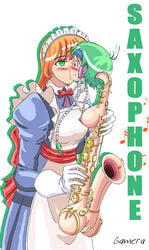 2girls apron ass blush breasts brown_eyes embarrassed gammatelier gloves green_eyes green_hair headband instrument kissing maid maid_headdress maid_outfit maid_uniform multiple_girls musical_note nipples nude objectification orange_hair original pussy ribbon saxophone simple_background skirt uncensored what