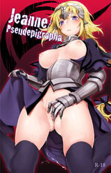 armor armored_dress blonde_hair blush braid breasts dress fate/apocrypha fate_(series) female gauntlets headpiece jeanne_d'arc_(fate) long_hair nipples nito_(siccarol) purple_eyes purple_legwear pussy pussy_juice single_braid skindentation skirt skirt_lift solo thighhighs