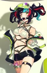 absurdres arms_behind_back black_hair bondage bound breasts cad_(caddo) commentary_request crotch_rope drooling egg_vibrator fate/grand_order fate_(series) female gag gagged highres jacket looking_at_viewer medium_breasts multicolored_hair navel one_eye_closed open_mouth pussy_juice red_hair ring_gag sei_shounagon_(fate) sex_toy shibari_over_clothes shorts skindentation solo standing stomach streaked_hair teeth thigh_strap twintails underboob vibrator