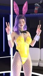 1girls 3d alternate_version_available athletic_female big_breasts blender bunnysuit club dead_by_daylight korean_female mina_(dead_by_daylight) neon_lights peace_sign purple_hair slim_girl smile solo thick_thighs yellow_eyes