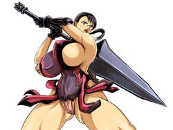 black_hair breasts cattleya glasses large_breasts mature_female milf mother nipple_slip nipples open_mouth patsuki ponytail queen's_blade sword tied_hair weapon white_background