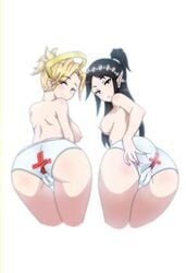 2girls ass black_hair blonde_hair breasts crossover elf female female_only keihh looking_at_viewer mercy multiple_girls nipples overwatch paladins panties pussy simple_background trait_connection ying_(paladins)