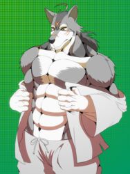 5_fingers abs anthro artist_request biceps black_nose canine closed_mouth clothes color fur furry furry_ears grey_fur grey_hair hair male male_only morenatsu muscles open_eyes orange_eyes pants pecs plain_background pointy_ears scar shirt solo standing ten_kodori topless undressing white_fur wolf