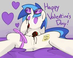 anus blue_hair chocolate equine female food friendship_is_magic hair heart horn horse messy my_little_pony note open_mouth pony presenting purple_eyes pussy ribbons solo spread_legs spreading strawberry unicorn vinyl_scratch_(mlp) whoop