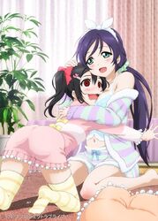 black_hair blush bra drool female green_eyes hair_decoration long_hair multiple_girls plant purple_hair red_eyes yuri