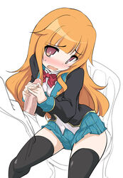 amatsuka_mao_(gj-bu) black_legwear blazer blush cute_fang embarrassed female gj-bu handjob long_hair long_sleeves momio open_mouth orange_hair penis plaid plaid_skirt precum school_uniform sitting skirt straight sweatdrop thighhighs very_long_hair