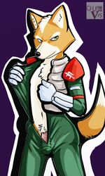 2015 anthro canid canine clothed clothing digital_media_(artwork) fox fox_mccloud fur genitals green_eyes hi_res looking_at_viewer male mammal nintendo orange_body orange_fur penis penis_base pubes siriusandpyri solo star_fox tuft undressing video_games white_body white_fur white_tuft