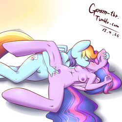 2013 anthro breasts closed_eyes cutie_mark duo english_text equine female fingering friendship_is_magic garam hair horse kissing lying multicolored_hair my_little_pony on_back pony pussy rainbow_dash_(mlp) rainbow_hair sex straight_hair text twilight_sparkle_(mlp) yuri