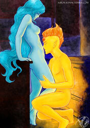 1boy 1boy1girl 1girls 2013 adventure_time aurora-lynne background breasts closed_eyes female fionna_the_human_girl fire_hair flame_prince forehead_jewel hetero long_hair male/female medium_breasts mohawk nipples non-human nude pointy_ears sideboob squatting straight yellow_skin