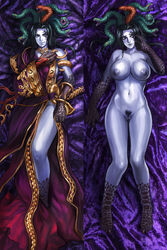 biting_lip black_hair blue_eyes breasts claws confident dakimakura dress dressed ecoas facial_tattoo fangs female kid_icarus kid_icarus_uprising large_breasts lip_biting long_hair looking_at_viewer looking_away lying medusa medusa_(kid_icarus) monster_girl naked navel nervous nintendo nipples pubic_hair pussy scales seductive seductive_look snake snake_hair solo tattoo uncensored undressed unshaved_pussy