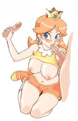 blush breasts fellatio female human kneeling large_breasts male mario_(series) mario_tennis nintendo oral princess_daisy shirt_lift straight twistedterra unseen_male_face