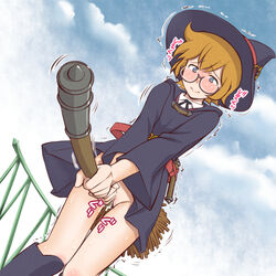 1:1 blue_eyes blush boots bottomless broom broom_riding brown_hair cloud crotch_rub female freckles glasses hat little_witch_academia lotte_jansson masturbation matsui_neruwaizen no_panties pussy pussy_juice rubbing short_hair solo straight_hair studio_trigger sweat witch witch_hat